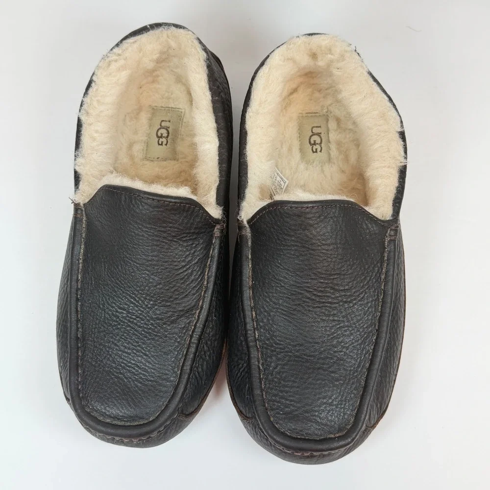 UGG Mens Ascot Driving 9EEE Pebble Grain Leather Shearling Brown Loafer 5379W